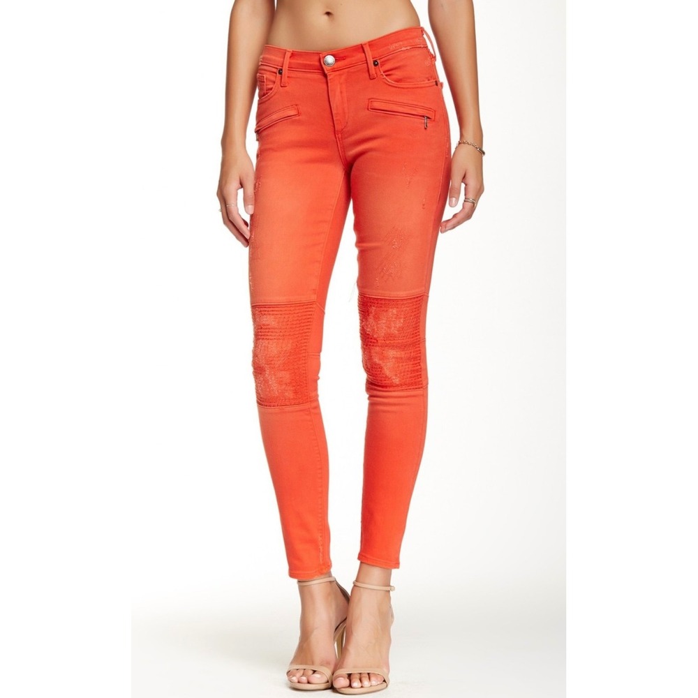 True Religion Halle Mid Rise Super Skinny Jeans Coral Moto Biker Wash Size 30